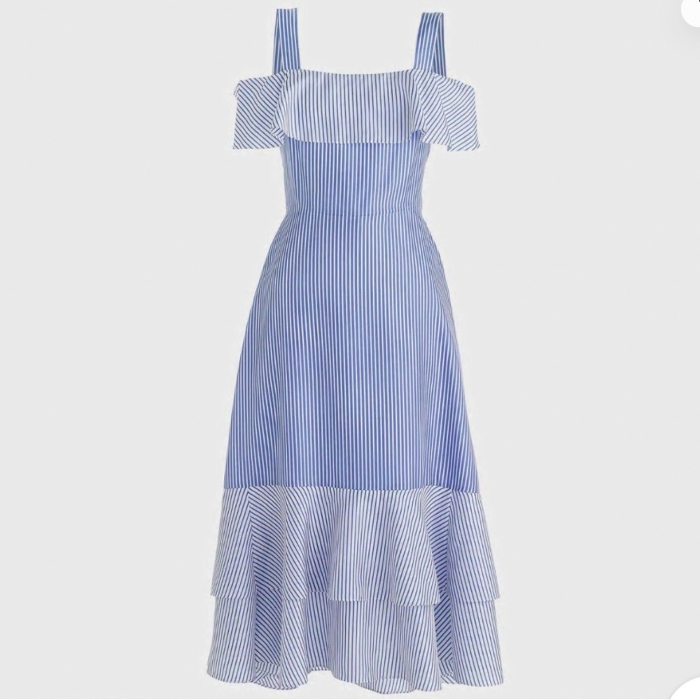 NEW J CREW Collection Striped Cold-Shoulder Silk Dress True Blue Sz 0 G6263 $188